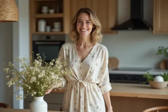 Femme en robe coton florale dans une maison chaleureuse