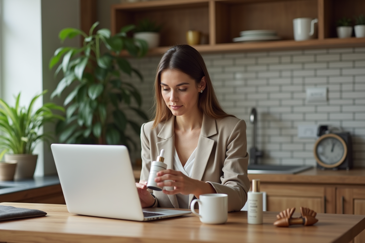 Femme compare produits cosmétiques à la maison