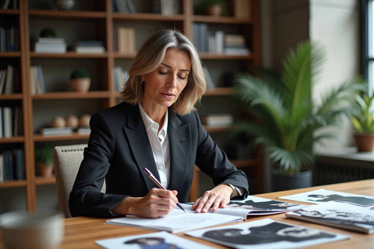 Femme fashion editor examinant des échantillons dans un bureau