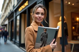 Femme élégante tenant un magazine luxe devant une boutique de l'Avenue Montaigne à Paris