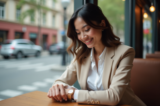 Femme élégante ajustant sa montre en ville