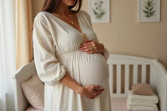 Femme enceinte tenant un bola de grossesse doré contre son ventre dans une chambre de bébé apaisante