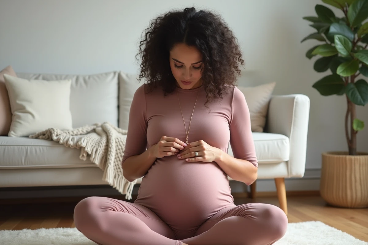 Femme enceinte assise sur un parquet en bois tenant un bola de grossesse en or rose dans un salon scandinave