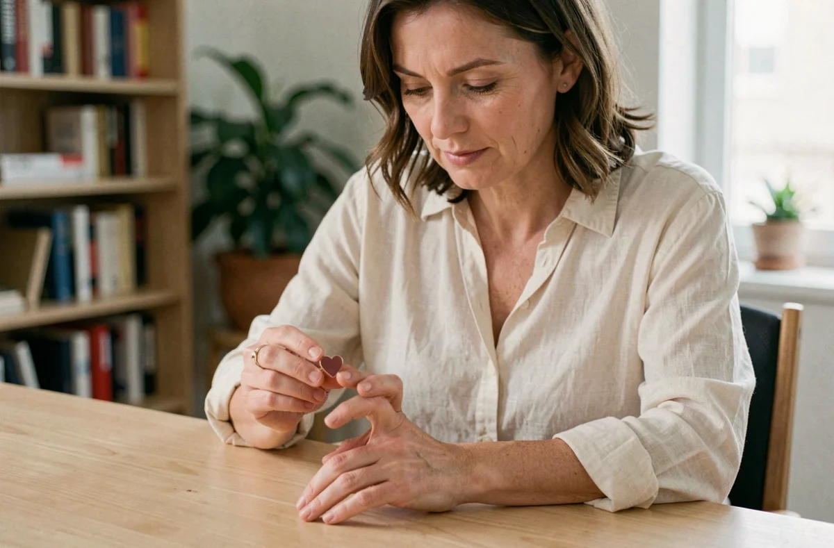 Femme tenant une bague cœur magnétique entre ses doigts et l'examinant attentivement, assise à un bureau en bois dans un environnement de bureau à domicile épuré