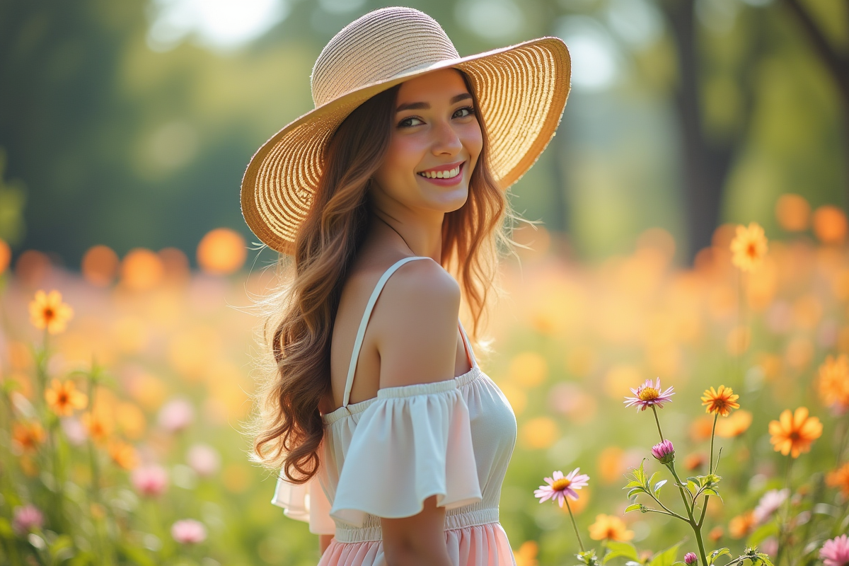 Jeune femme en robe pastel dans un jardin en fleurs