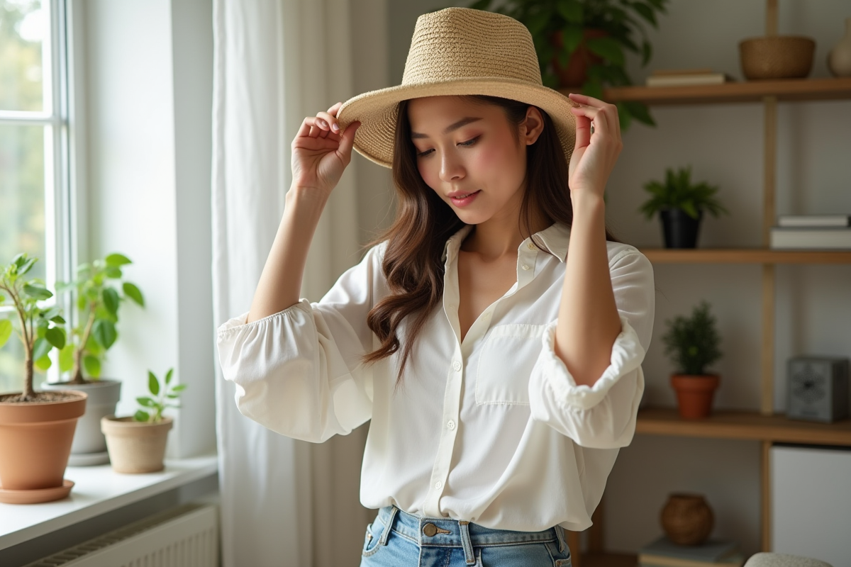 Jeune femme en intérieur ajustant un chapeau en paille