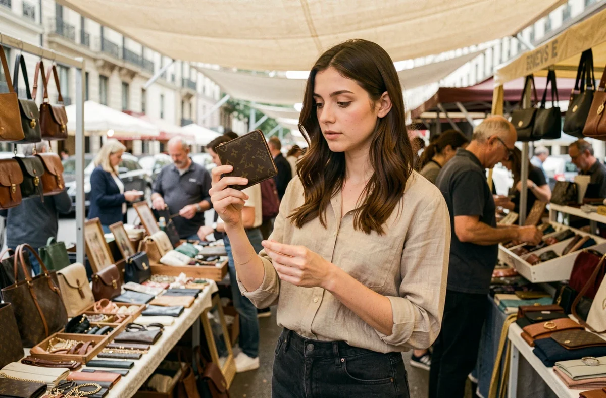 Femme inspectant un portefeuille monogramme dans un marché aux puces, évaluation visuelle d'un article potentiellement contrefait