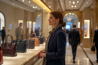 Femme &eacute;l&eacute;gante admire sacs de luxe en magasin