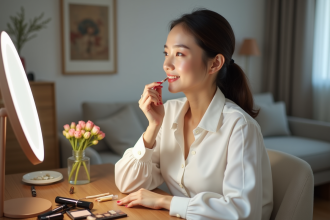 Jeune femme appliquant du rouge à lèvres devant un miroir