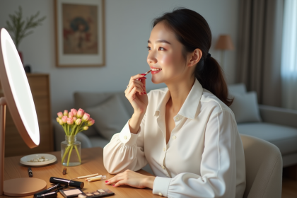 Jeune femme appliquant du rouge à lèvres devant un miroir