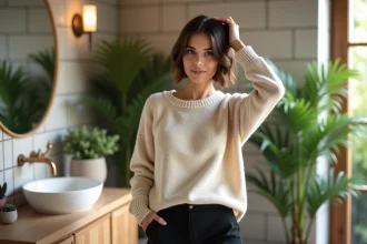 Femme moderne se coiffant devant un miroir dans une salle de bain naturelle