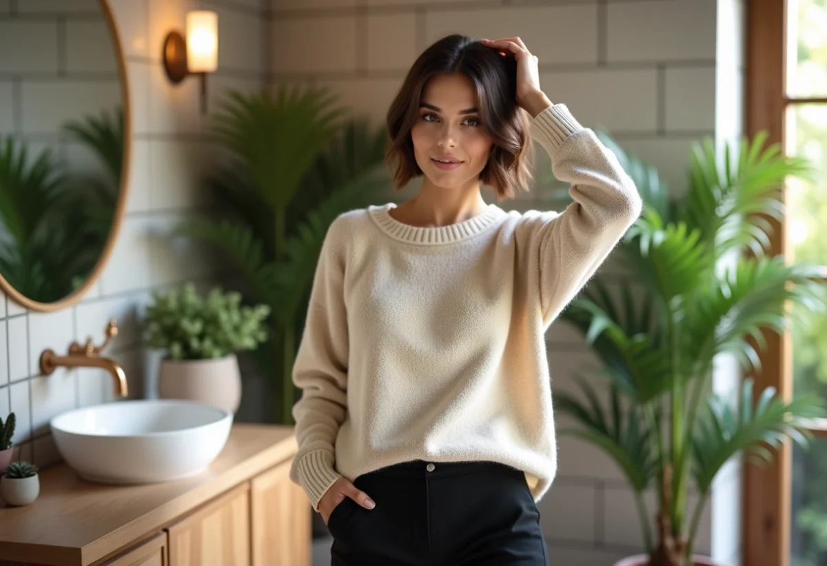 Femme moderne se coiffant devant un miroir dans une salle de bain naturelle