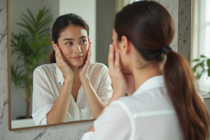 Femme regardant son reflet dans un miroir de salle de bain