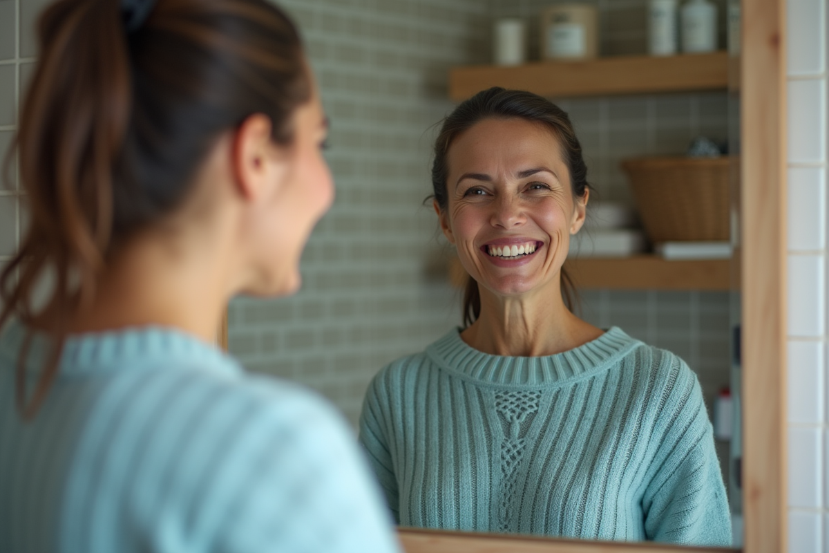 Femme regardant son reflet dans le miroir de la salle de bain