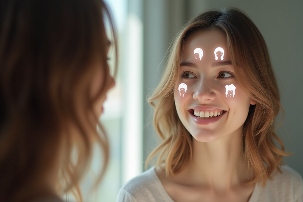 Femme souriante regardant dans un miroir avec coiffures virtuelles