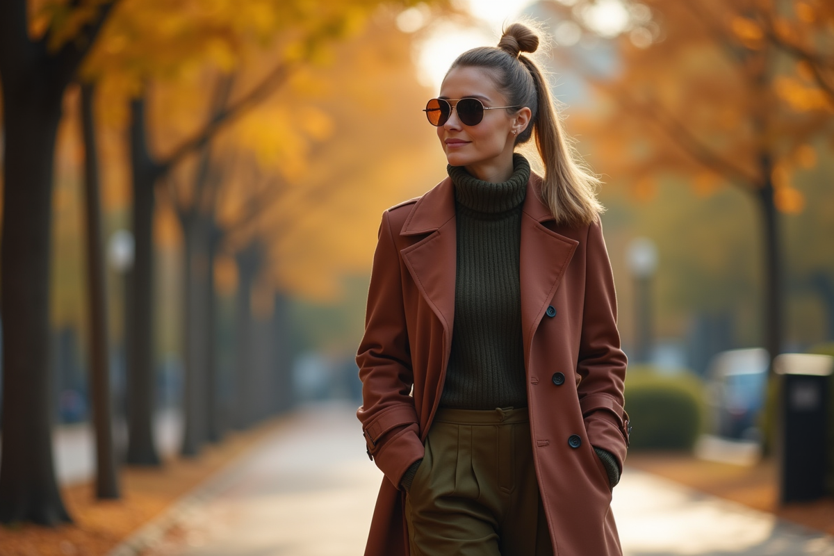 Femme élégante marchant dans un parc urbain en mode automne hiver 2025
