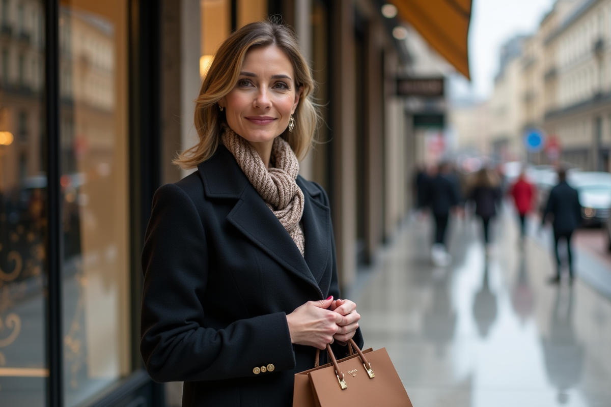 Femme élégante avec manteau noir et sac à la boutique de luxe