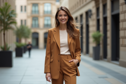 Femme élégante en blazer tendance 2025 dans une ville moderne