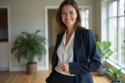 Femme élégante en blazer navy dans un intérieur moderne