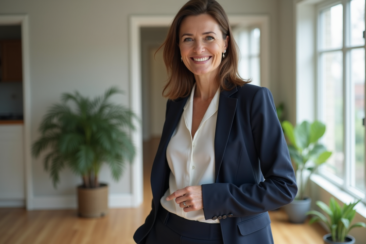 Femme élégante en blazer navy dans un intérieur moderne