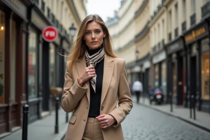 Femme &eacute;l&eacute;gante ajustant son foulard &agrave; Paris