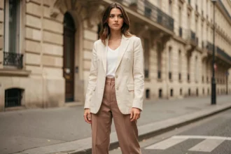 Femme petite portant un blazer oversize en lin crème avec un pantalon taille haute, style allongeant la silhouette dans une rue parisienne