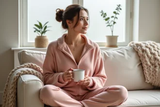 Femme adulte portant un pilou pilou rose poudré sur un canapé en lin crème, ambiance cocooning élégant et minimaliste