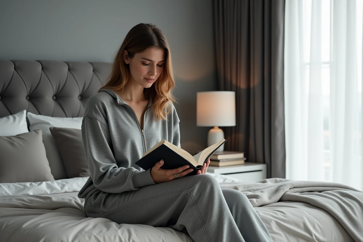 Femme adulte en pilou pilou gris chiné lisant dans une chambre élégante, cocooning raffiné et style décontracté