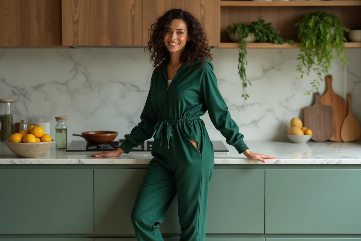 Femme en pilou pilou vert forêt dans une cuisine moderne élégante, style cocooning chic au quotidien