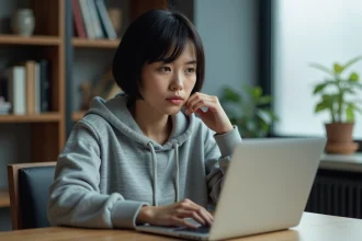 Femme prudente lisant des informations suspectes sur son ordinateur portable avant de cliquer sur un lien douteux