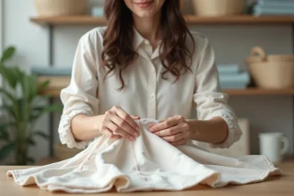 Femme repassant un drap en coton dans une buanderie chaleureuse