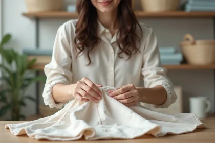 Femme repassant un drap en coton dans une buanderie chaleureuse