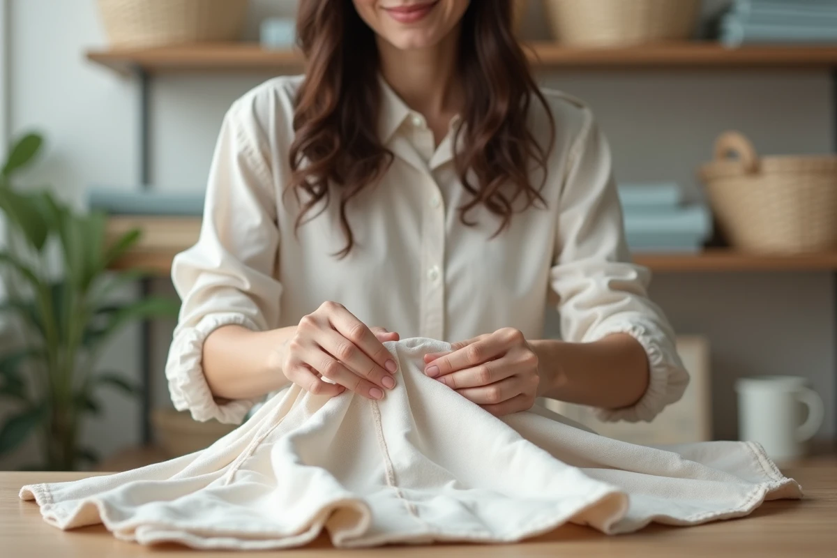 Femme repassant un drap en coton dans une buanderie chaleureuse