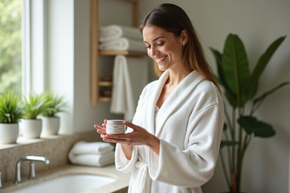Femme souriante examinant un pot de gommage naturel dans une salle de bain lumineuse