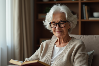 Femme senior lisant dans un salon chaleureux