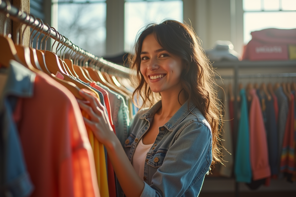 Jeune femme souriante choisissant des vêtements d'occasion dans une boutique lumineuse