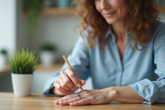 Femme aux ongles naturels se faisant les soins des mains