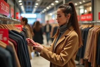 Femme examinant les étiquettes de prix lors des soldes d'hiver dans un grand magasin français