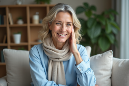 Femme souriante à la peau éclatante dans un intérieur cosy