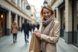 Femme souriante dans un village outlet en plein air