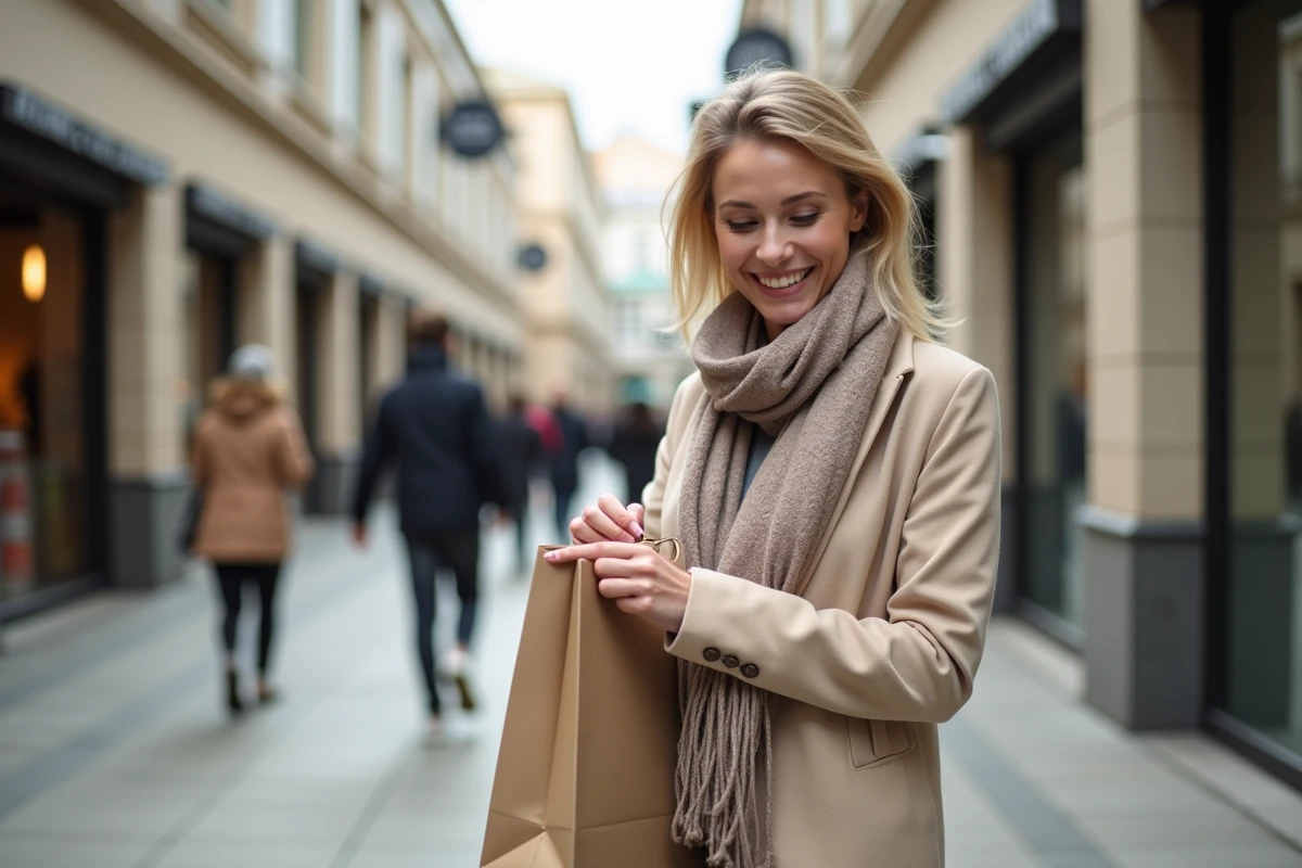Femme souriante dans un village outlet en plein air
