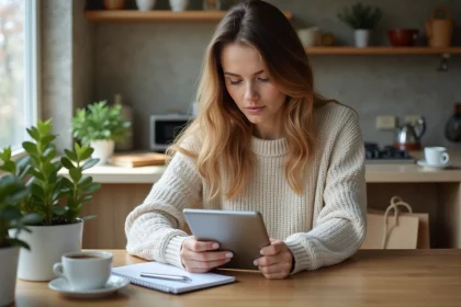 Femme assise &agrave; la cuisine avec sa tablette et un caf&eacute;