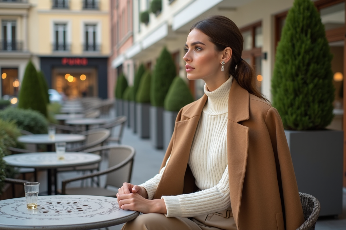 Jeune femme élégante sur une terrasse urbaine en hiver