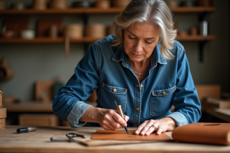 Femme en denim utilisant un poinçon en cuir dans un atelier