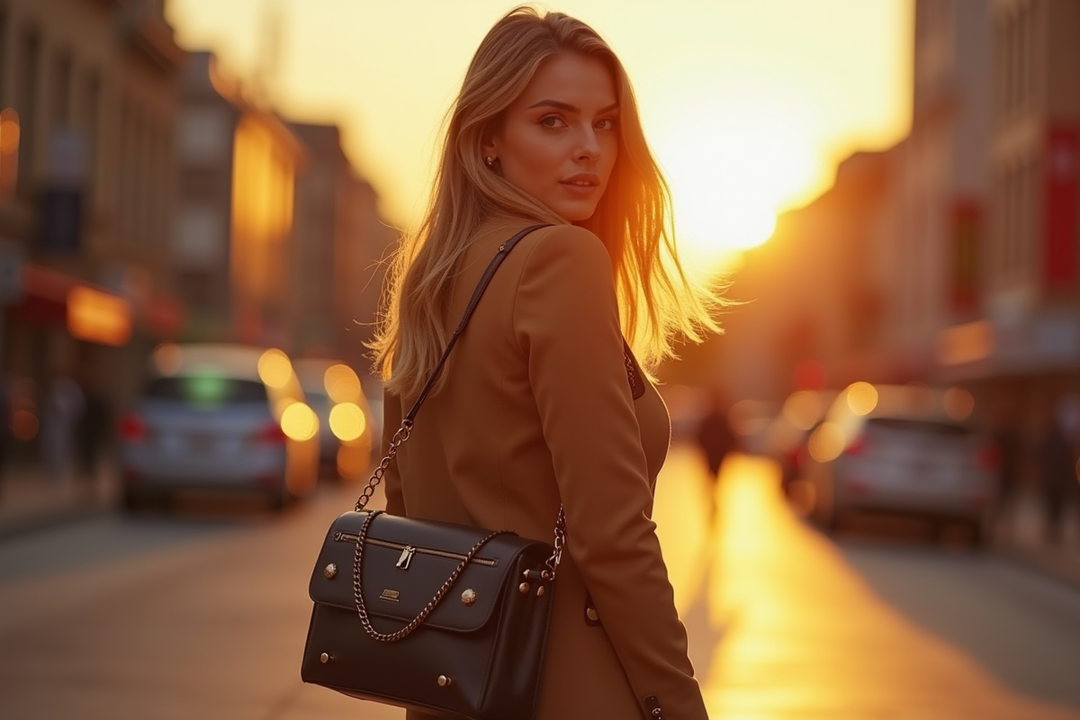 Femme urbaine portant un sac croise lors du coucher de soleil