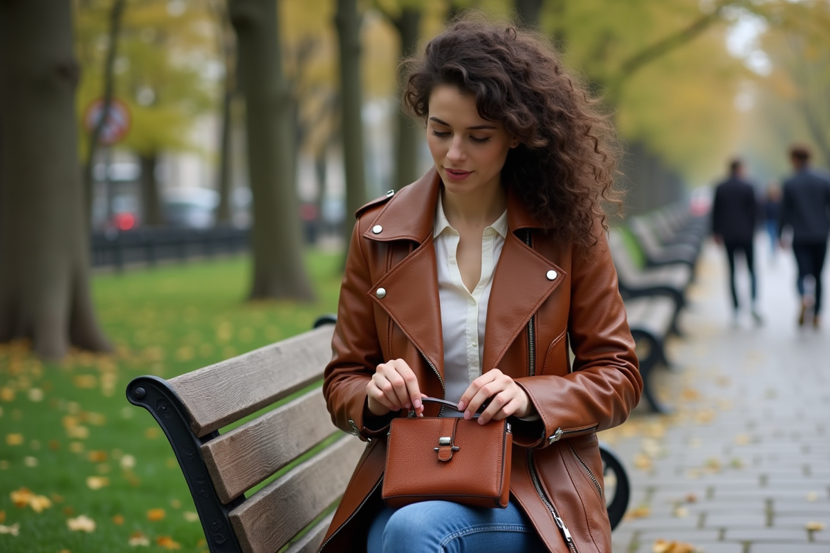 Jeune femme inspectant un sac en cuir dans un parc urbain