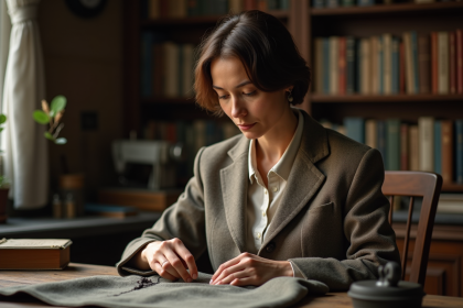 Femme examinant l'étiquette d'un manteau en laine vintage
