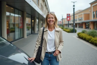 Femme en jean près d'une voiture dans un centre commercial