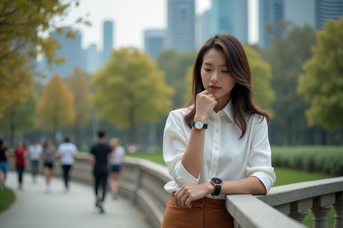 Jeune femme regardant sa montre dans un parc urbain