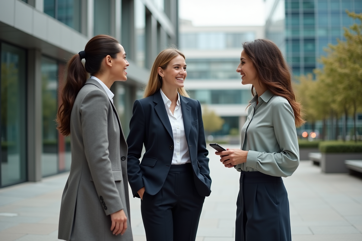 Groupe de femmes professionnelles discutant en extérieur dans une place urbaine